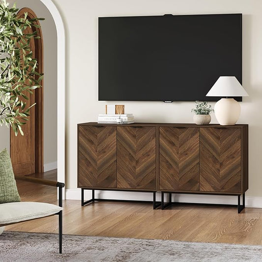 Nathan James Enloe Modern Sideboard Buffet Storage Accent Cabinet TV Stand with Doors in Rustic Walnut Finish and Black Matte Metal Base for Hallway, Kitchen or Living Room, Walnut/Black, Set of 2