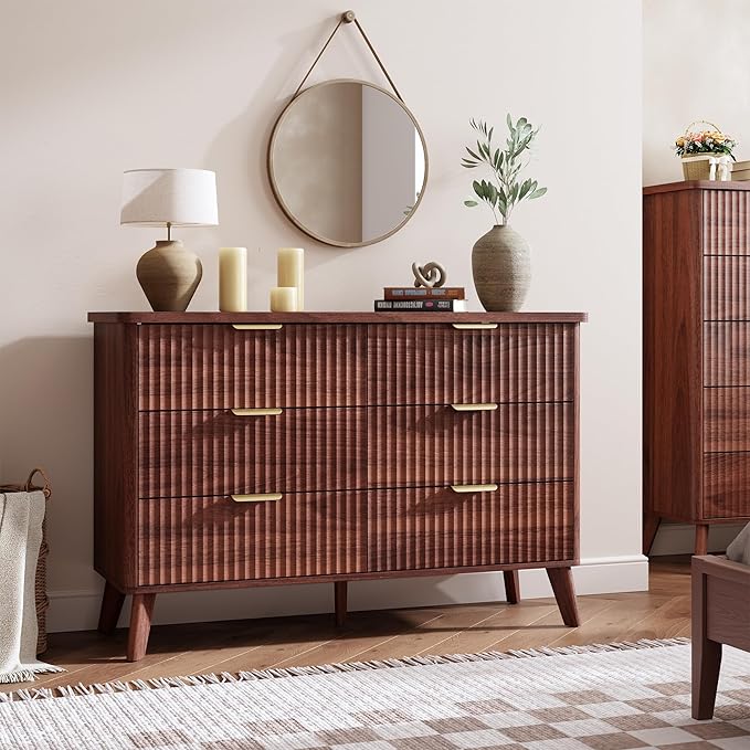 Garvee 6 Drawers Dresser for Bedroom, 47.2" Wide Dressers with Curved Profile Design, Fluted Wood Drawers with Gold Handle, Modern Chest of Dressers with Thickened Design for Living Room, Walnut