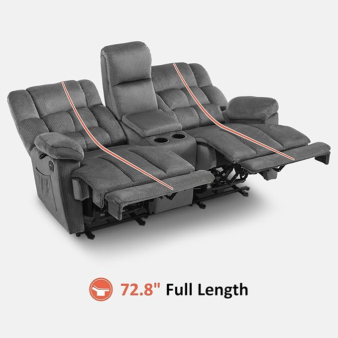 MCombo Zero Gravity Power Loveseat Recliner with Console, Heat and Vibration Massage, Reclining Loveseat Sofa with USB Ports, Cup Holders for Living Room, Fabric RS6234 (Grey)