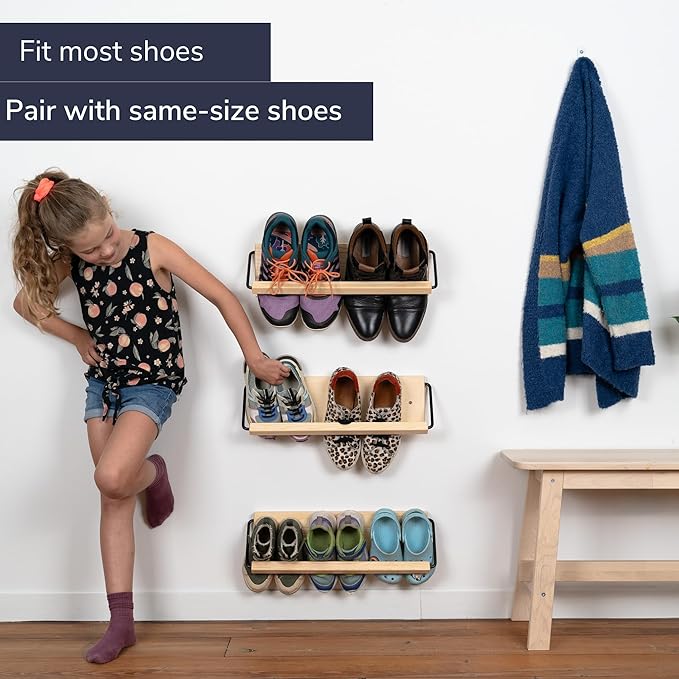 Wall Mounted Shoe Rack - A Wooden, Modern, Slim, and Small Shoe Storage Solution for Shoes and Boots in Narrow Spaces, entryways, or hallways. (20-in-Wide)