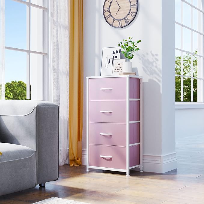 YITAHOME Dresser with 4 Drawers - Storage Tower Unit, Fabric Dresser for Living Room, Closets - Sturdy Steel Frame, Wooden Top & Easy Pull Fabric Bins (Pink)