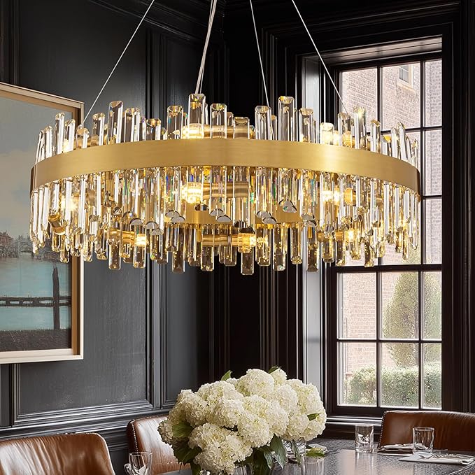 Gold Crystal Chandelier for Dining Room, 16-Light Modern Chandelier, 31.5-inch K9 Crystal Raindrop Ceiling Light, Luxury Flush Mount Light Fixture for Kitchen Living Room Entryway Bedroom
