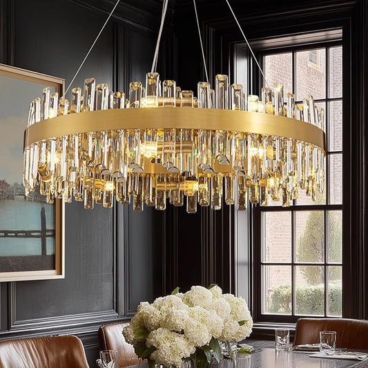 Gold Crystal Chandelier for Dining Room, 16-Light Modern Chandelier, 31.5-inch K9 Crystal Raindrop Ceiling Light, Luxury Flush Mount Light Fixture for Kitchen Living Room Entryway Bedroom