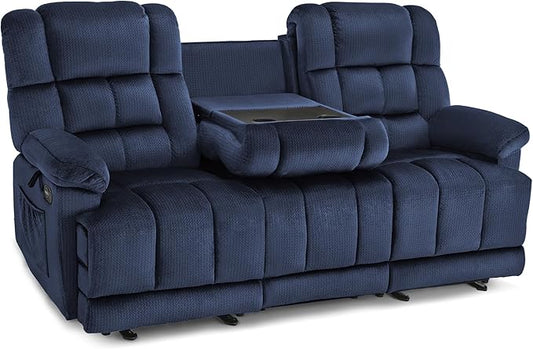 MCombo Zero Gravity Power Recliner Sofa with Drop Down Table, Heat and Vibration Massage, 3 Seater Dual Reclining Couch with USB Ports, Cup Holders for Living Room, Fabric RS6236 (Navy Blue)