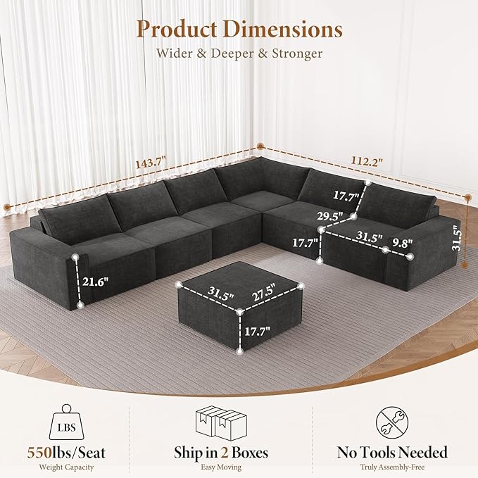 Vesgantti 143.7" Oversized Boneless Couch, Modern 7 Seater Modular Sectional Sofa with Deep Seat, Convertible Chenille Cloud Couches for Living Room, No Assembly Required, Dark Grey