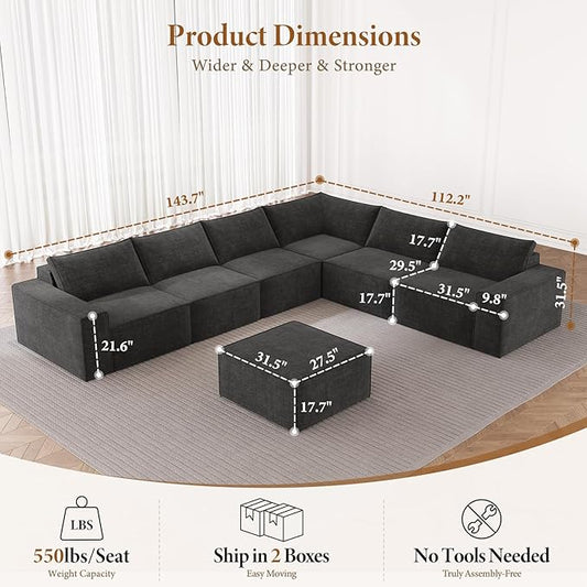 Vesgantti 143.7" Oversized Boneless Couch, Modern 7 Seater Modular Sectional Sofa with Deep Seat, Convertible Chenille Cloud Couches for Living Room, No Assembly Required, Dark Grey