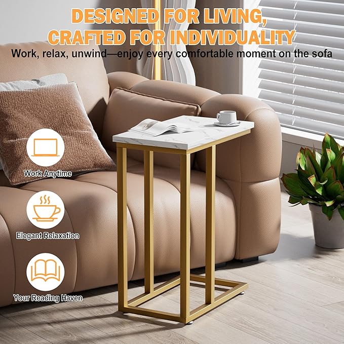 VECELO Universal C-Shaped Side Table, Multi-Functional Snack & TV Tray for Living Room, Bedroom, Gold (1 Set)