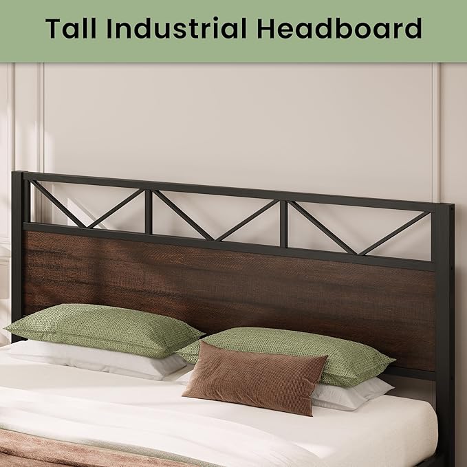 LIKIMIO King Bed Frame, Tall Industrial Headboard 51.2 ", Platform Bed Frame with Strong Metal Support, Solid and Stable, Noise Free, No Box Spring Needed, Easy Assembly, Dark Brown