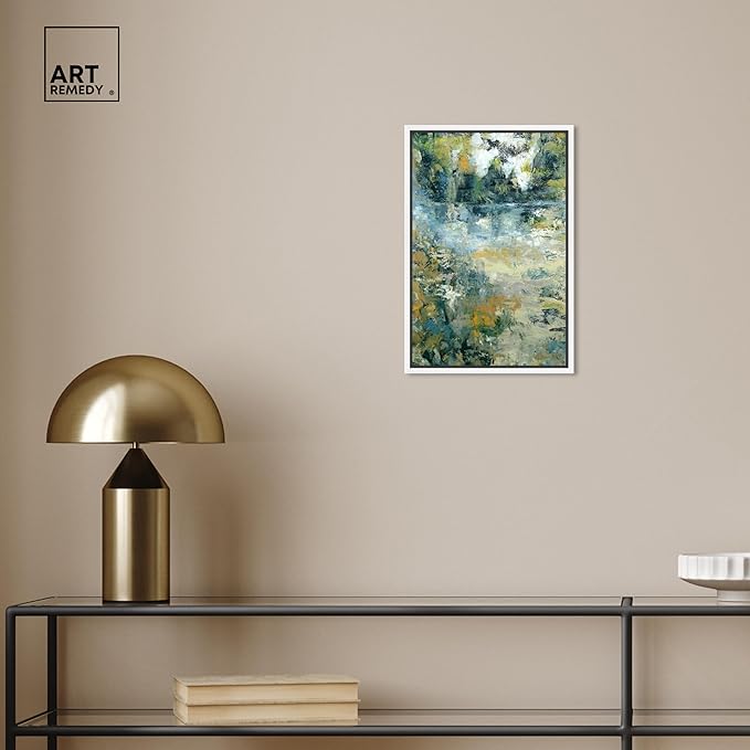 Art Remedy Green Moss Monet Garden Green Abstract Canvas Wall Art, White Floater Frame, 10"x15"