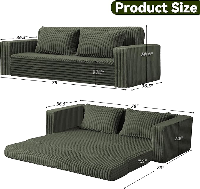 HABUTWAY Folding Sofa Bed, 2 in 1 Convertible Sleeper Chair with 2 Pillows, Portable Fold Out Chair Bed with Armrest, Comfy Floor Couch, Lazy Sofa for Living Room Bedroom Dorm Home Office, Green