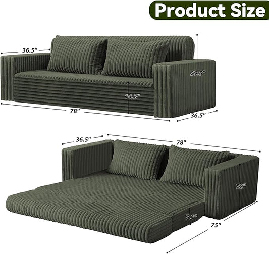 HABUTWAY Folding Sofa Bed, 2 in 1 Convertible Sleeper Chair with 2 Pillows, Portable Fold Out Chair Bed with Armrest, Comfy Floor Couch, Lazy Sofa for Living Room Bedroom Dorm Home Office, Green