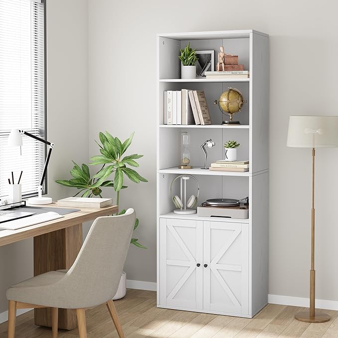 CABIHOME Farmhouse Bookcase with Doors 71.4in Tall Bookshelf 11.8in Depth Display Storage Shelves Industrial Bookcases Wooden 6 Shelf Bookshelves for Bedroom, Living Room, Home Office