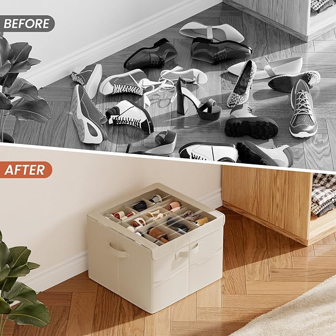 PHINOX Shoe Organizer for Closet, Fits 12-24 Pairs, Shoe Storage Bins with Clear Cover and Reinforced Handles, Foldable Shoe Storage Organizer, Space Saving Shoe Holder for Wardrobe, 1 Pack Beige