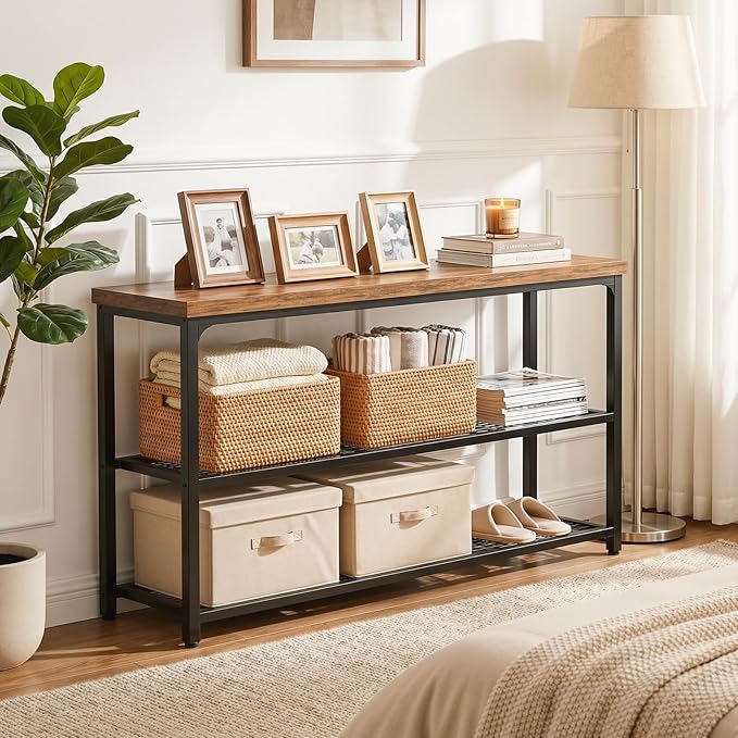 47" Console Table with Storage, 3-Tier Narrow Entryway Table, Sofa Table with Mesh Shelves, Console Tables for Living Room, Bedroom, Hallway, Entryway, Foyer, Rustic Brown