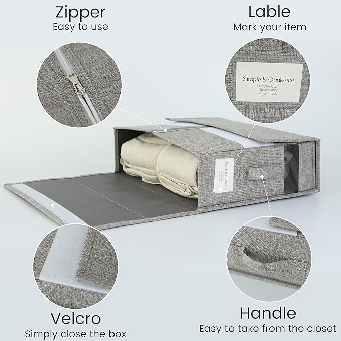 Simple&Opulence 4 Pack Bed Sheet Organizers and Storage, Linen Closet Organizers, Sheets Set Folder Storages with Window and Label (Queen/King Size) Organizing Bedding Container, Grey