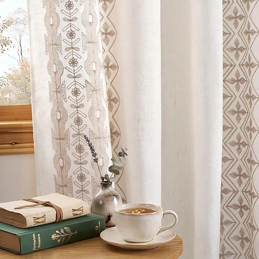 NICETOWN Cream Linen Curtains Floral Pattern Light Sand Embroidery- Elegant Drapes for Living Room, Bronze Grommet Farmhouse Style Luxurious Privacy Protection, W52 x L84, 2 Pcs