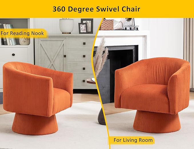 Swivel Accent Chair, Modern 360° Barrel Chair, Corduroy Upholstered Single Sofa for Living Room, Bedroom(Orange)