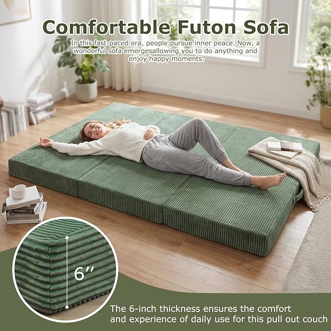 5-in-1 Convertible Sofa Bed, Boneless Loveseat Sleeper with Removable Cushions & Washable Cover, Futon Sofa Bed with Handle, Pull Out Couch for Small Spaces, King Size, Green