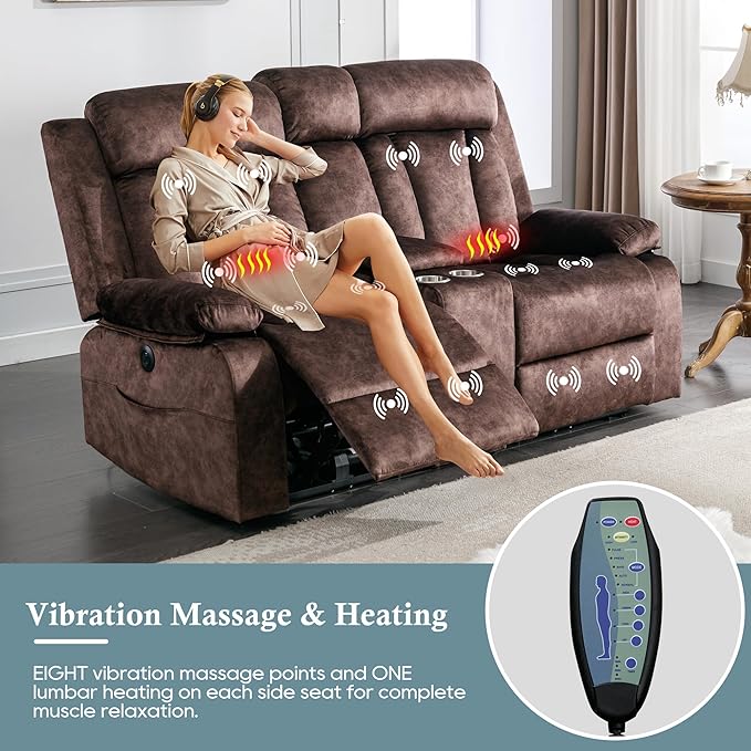 GUEAPY Reclining Loveseat-Power Reclining Loveseat with Console,Double Recliner Loveseat with Heat and Massage,Electric Loveseat Recliner with Cup Holders,USB & Type-C Charge Ports for Living Room,RV
