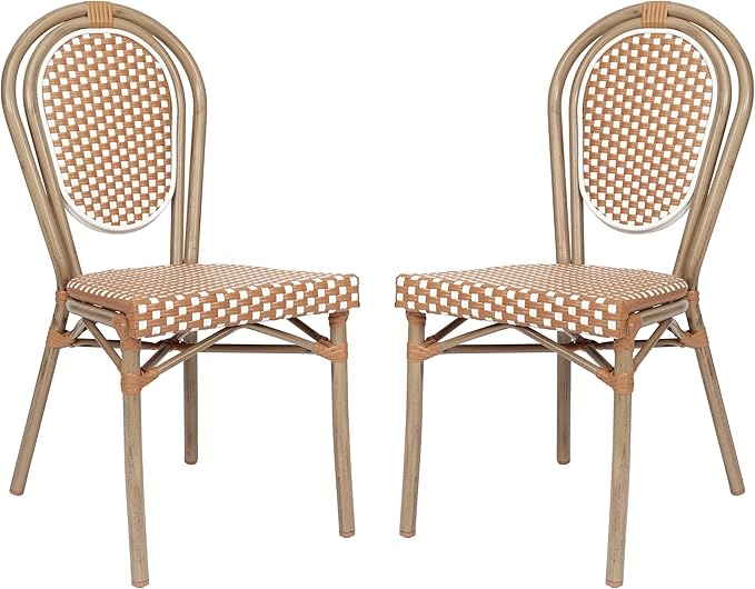 Flash Furniture Lourdes Indoor/Outdoor Commercial Thonet French Bistro Stack Chair - NAT/White PE Rattan Back and Seat - Light Natural Bamboo Print Metal Frame - 2 PK