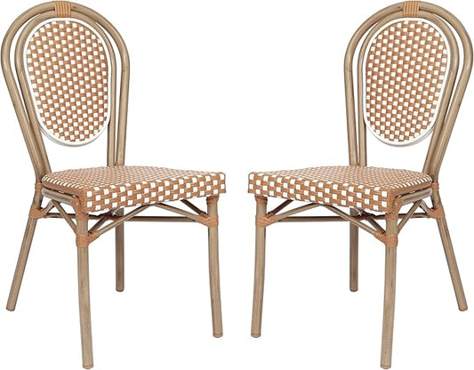 Flash Furniture Lourdes Indoor/Outdoor Commercial Thonet French Bistro Stack Chair - NAT/White PE Rattan Back and Seat - Light Natural Bamboo Print Metal Frame - 2 PK
