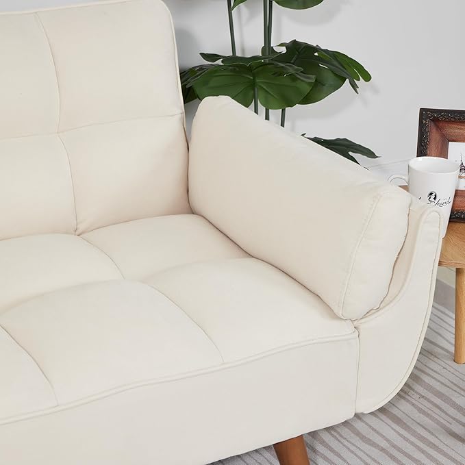 ERYE 75-Inch Linen Tufted Upholstered Futon Sofabed for Bedroom Living Room, Modern Convertible Futon Loveseat Sleeper Sofa Bed with Adjustable Backrest and Pillows | Easy to Assemble