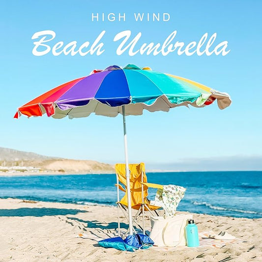 AMMSUN 7.5ft Large Heavy Duty HIGH Wind Beach Umbrella with sand anchor & Tilt Sun Shelter, UPF 50+ Protection Outdoor Umbrellas Sunshade with Carry Bag for Patio Garden Pool Backyard Rainbow