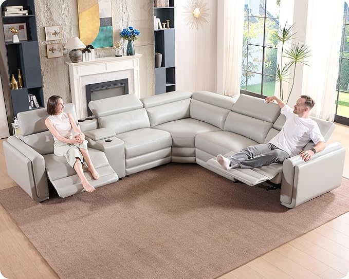 AMERLIFE Power Recliner Sofa, 129 Inch Oversized Reclining Sofa with Console & Speaker, 5 Seats L Shaped Sectional Couch for Living Room, Light Grey Leather