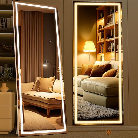 71" x 24" Full Length Mirror with Lights, LED Lighted Floor Standing Body Mirror, Dimmable & 3 Color Lighting for Bedroom, Cloakroom, Dressing Room, Tempered Glass, White Frame