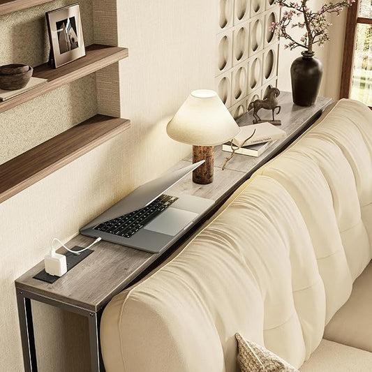 SUPERJARE Console Table with Outlet, 63 Inch Sofa Table with Charging Station, Narrow Hallway Entryway Table, Behind Couch Table, for Living Room, Oak