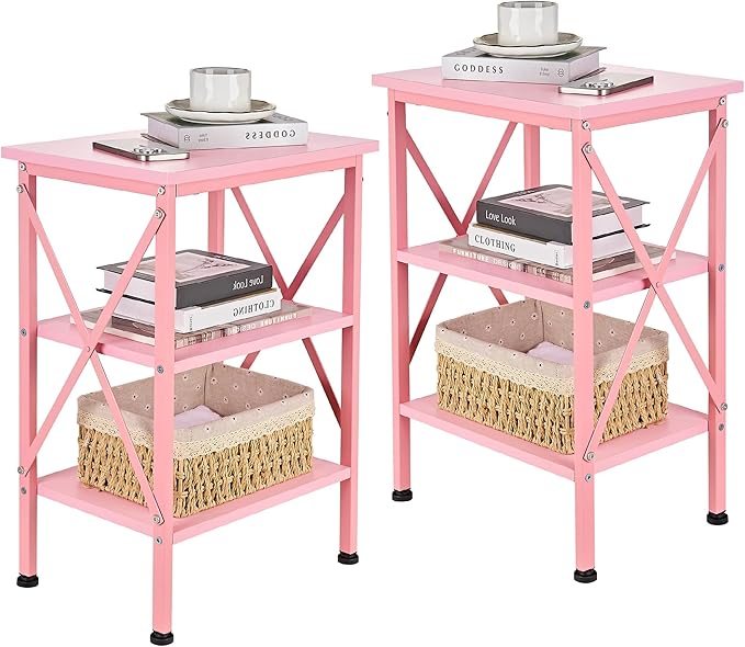 VECELO End Table Set of 2, Nightstand, 24" Tall Living Room Side Tables, X-Design Reinforced Bedside Table, Nightstands with 3-Tier Storage Shelves for Small Spaces, Office, Bathroom, Bedroom, Pink