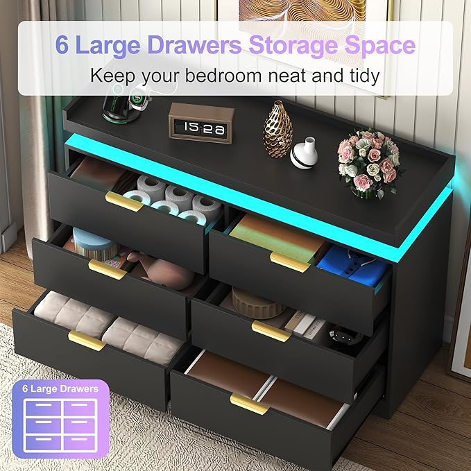6 Drawer Dresser for Bedroom, Black Dresser with LED Lights and Power Outlet, Wooden Dressers Chests of Drawers, Double Wide Dressers for Bedroom, Entryway, Hallway