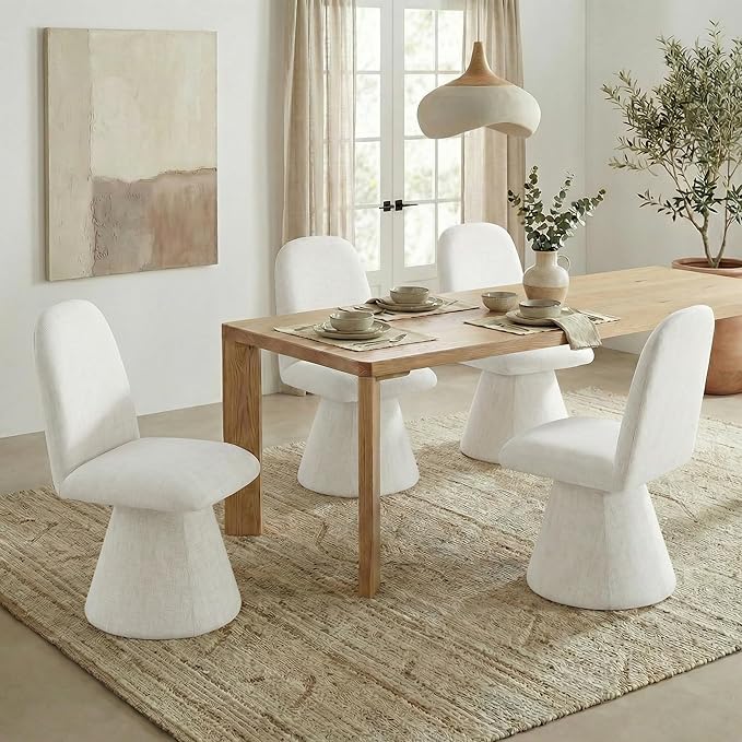 Swivel Dining Chairs Set of 4, Modern Upholstered Dining Chair Mid Century Kitchen Chairs with Wave Shaped High Back, 360 Degree Rotating Vanity Chair for Dining Room, Bedroom, Farmhouse, Beige