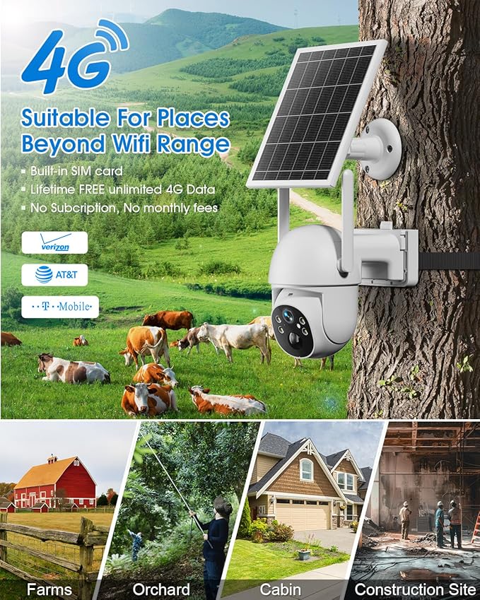 SANSCO No WiFi Cellular Security Camera, Built-in 4G LTE SIM Card & Lifetime Free Unlimited Data, 64G TF Card, 2K Color Night Vision, 360° Live View, Real-time Alerts, Solar Powered Wireless Outdoor