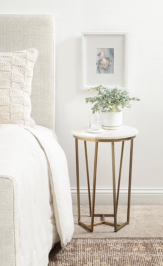 Kate and Laurel Solvay Round Metal and Marble Side Table; 16 x 16 x 24; White Marble and Antique Brass; Modern Glam Bedroom Nightstand Table with Premium Natural Marble Stone and Iron Base