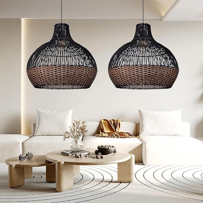 Arturesthome Rattan Pendant Lights, Wicker Chandelier Boho Basket Lighting Fixtures, Natural Woven Hanging Lamp for Kitchen Island Dining Room Black