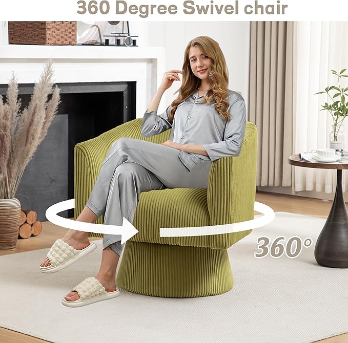 Swivel Accent Chair, Modern 360° Barrel Chair, Corduroy Upholstered Single Sofa for Living Room, Bedroom(Green)