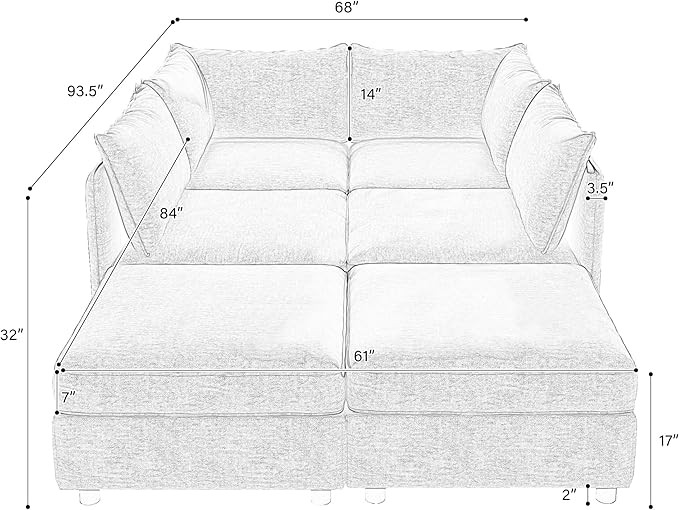 129-Inch U-Shaped 6 Seat Modular Sofa Deep Seat Storage Sectional Sofa Couch Free Combination with Movable Ottomans ,6 Seat Chenille Upholstered U-Shaped Convertible Sleeper Couch for Home Apartment | Space Saving
