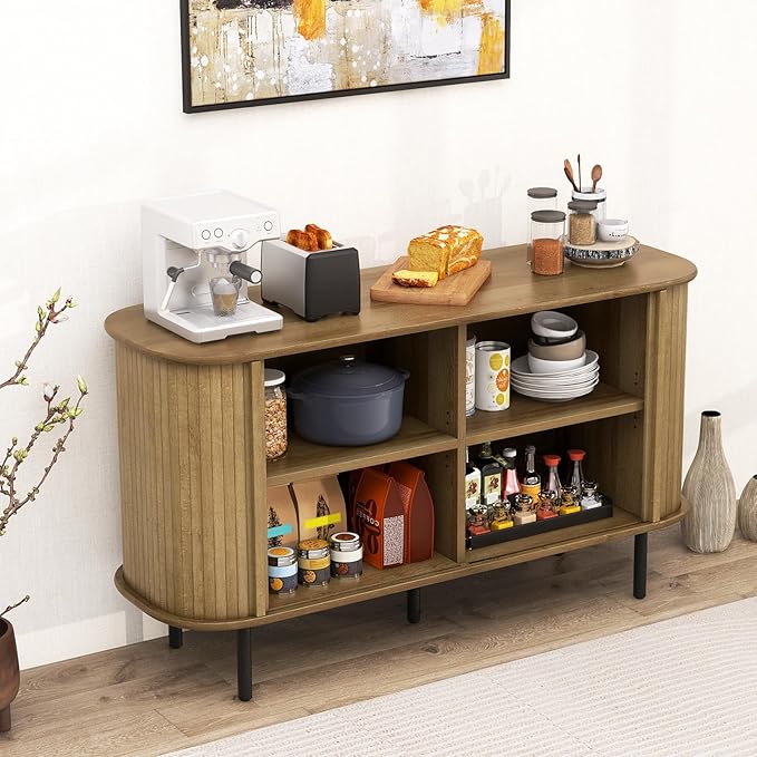Giantex Kitchen Storage Cabinet, 47” Buffet Cabinet with Storage, Wooden Sideboard w/ 2 Sliding Tambour Doors, Adjustable Shelves, Credenza for Living Room Dining Room, Console Table for Entryway