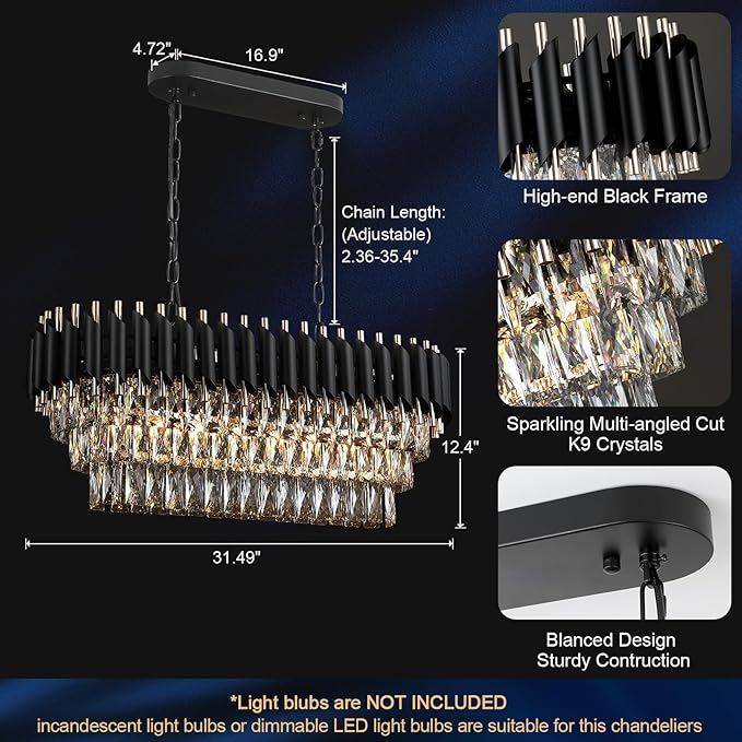Modern Rectangular Chandelier Black and Gold Crystal Chandeliers for Dining Room Linear Ceiling Pendant Light Long 32” Luxury Oval Chandelier 8 Lights for Kitchen Island Living Room