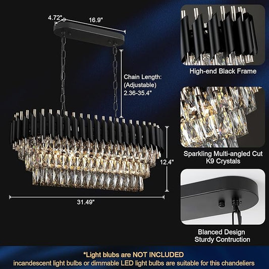 Modern Rectangular Chandelier Black and Gold Crystal Chandeliers for Dining Room Linear Ceiling Pendant Light Long 32” Luxury Oval Chandelier 8 Lights for Kitchen Island Living Room