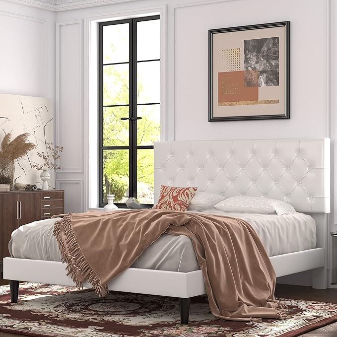 Allewie Full Size Platform Bed Frame, Adjustable Faux Leather Headboard with Diamond Stitch and Button Tufted, Sturdy Wood Slats, Easy-Assembly, No Box Spring Needed, Off-White