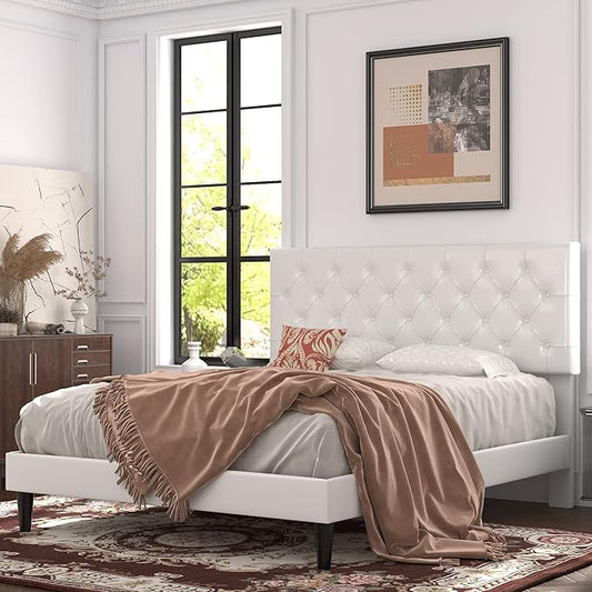 Allewie Queen Size Platform Bed Frame, Adjustable Faux Leather Headboard with Diamond Stitch and Button Tufted, Sturdy Wood Slats, Easy-Assembly, No Box Spring Needed, Off-White