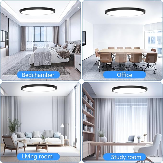 Flush Mount Ceiling Light Fixtures,12inch Flat led Light for Ceiling,6500K 3200LM Ultra Thin Round Black Lamp for Bedroom Kitchen,Bathroom,Garage,Living Room, Dining Room - 2PCS