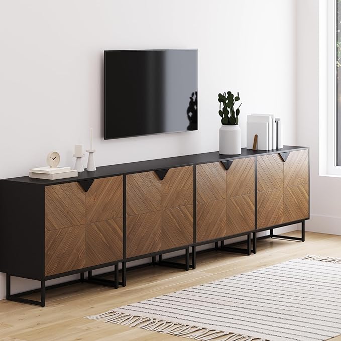 Nathan James Enloe Modern Sideboard Buffet Storage Accent Cabinet TV Stand with Doors in Rustic Pine Wood Finish and Matte Metal Base for Hallway, Kitchen or Living Room, Walnut Brown/Black, Set of 4