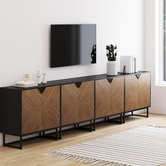 Nathan James Enloe Modern Sideboard Buffet Storage Accent Cabinet TV Stand with Doors in Rustic Pine Wood Finish and Matte Metal Base for Hallway, Kitchen or Living Room, Walnut Brown/Black, Set of 4