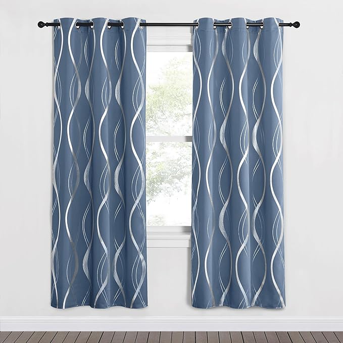 NICETOWN Blackout Curtains 72 inches Long, Stone Blue, 2 Panels, 42 x 72 Inch, Microfiber Noise Reducing Thermal Insulated Wave Line Foil Print Design Blackout Curtains for Patio Sliding Glass Door
