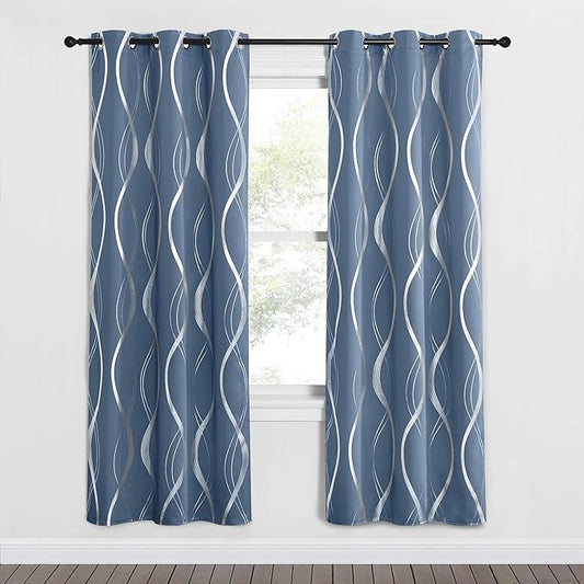 NICETOWN Blackout Curtains 72 inches Long, Stone Blue, 2 Panels, 42 x 72 Inch, Microfiber Noise Reducing Thermal Insulated Wave Line Foil Print Design Blackout Curtains for Patio Sliding Glass Door