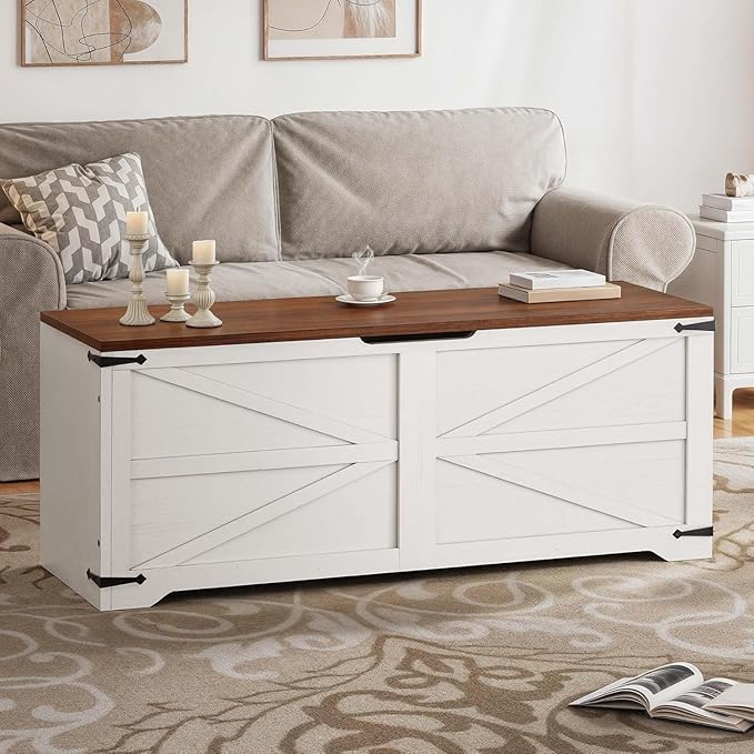 DWVO Wooden Storage Bench, Farmhouse Storage Chest with Safety Hinges, Entryway Shoe Organizer, Multi-Use Storage for Living Room/Bedroom, 47.2" L, White and Walnut