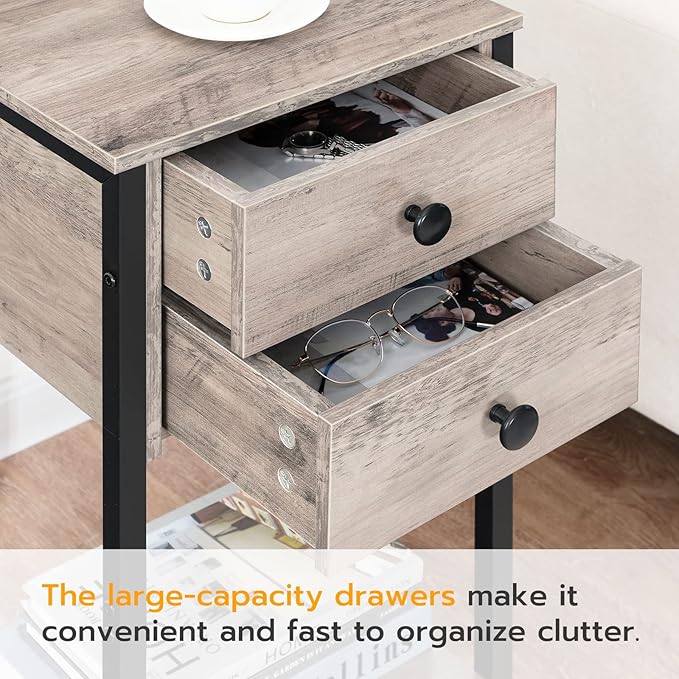 HOOBRO Tall Nightstand, End Table with 2 Drawers and Storage Shelf, Industrial Telephone Side Table for Study, Bedroom, Space Saving, Easy Assembly, Greige and Black BG72BZ01